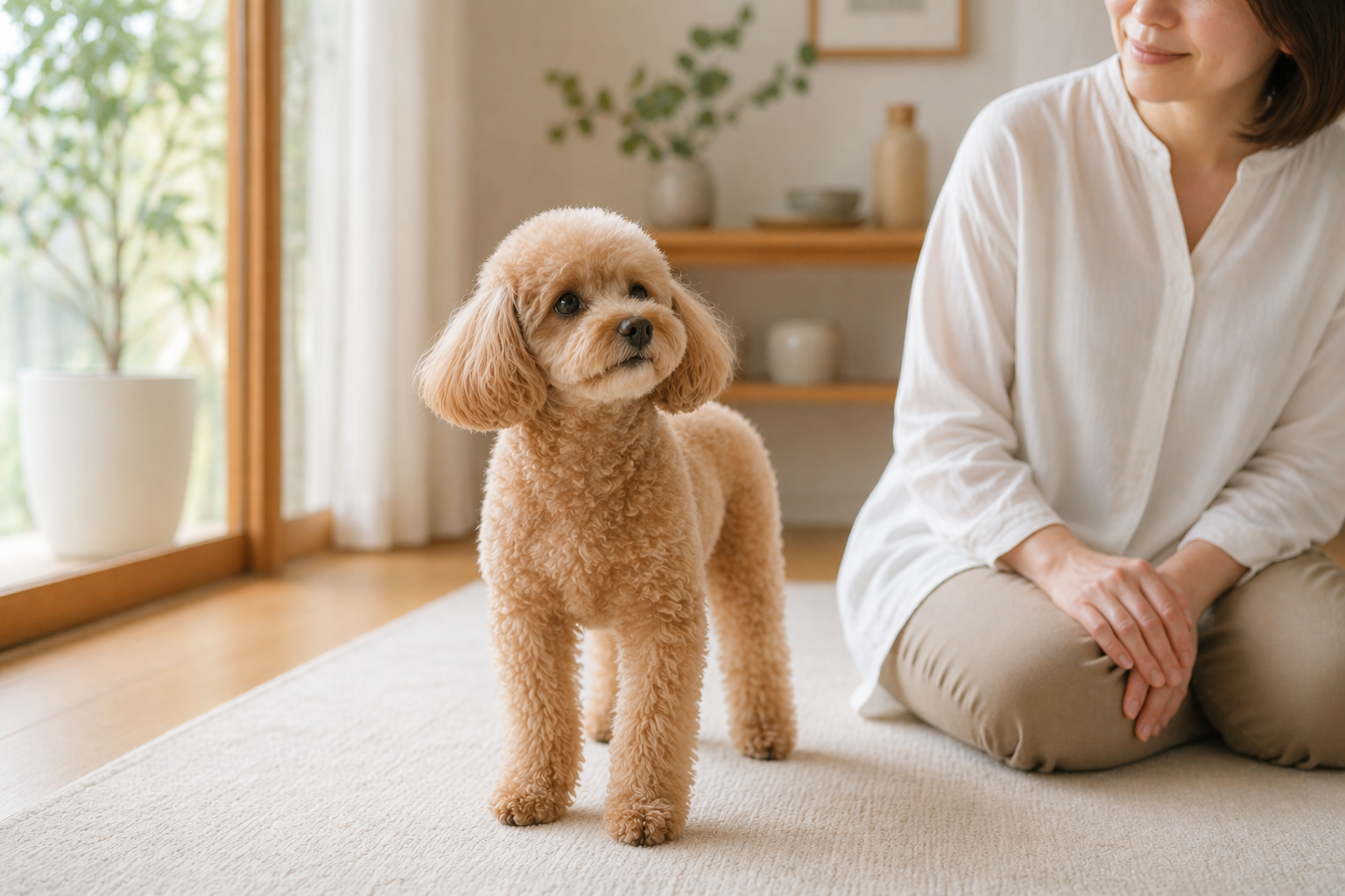 落ち着いた雰囲気の中でくつろぐ犬とオーナー